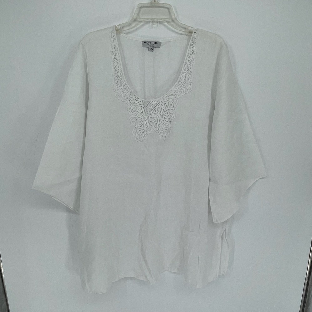 August Silk Women's White Crochet Lace Trim Linen Boho Tunic Top Plus Size 1X